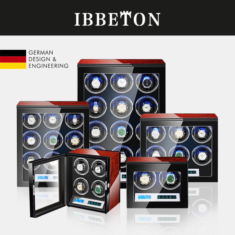 IBBETON 브랜드 자동 시계 와인 더 3 4 6 9 12 슬롯 Mabuchi 음소거 모터 LCD 터치 스크린 및 Led 라이트 나무 시계 안전 상자