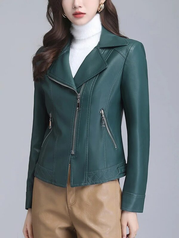 新しい 女性 レザージャケット 春 秋 ファッション スーツカラー スリム バイカーコート スプリットレザーアウター シープスキン ストリートウェア