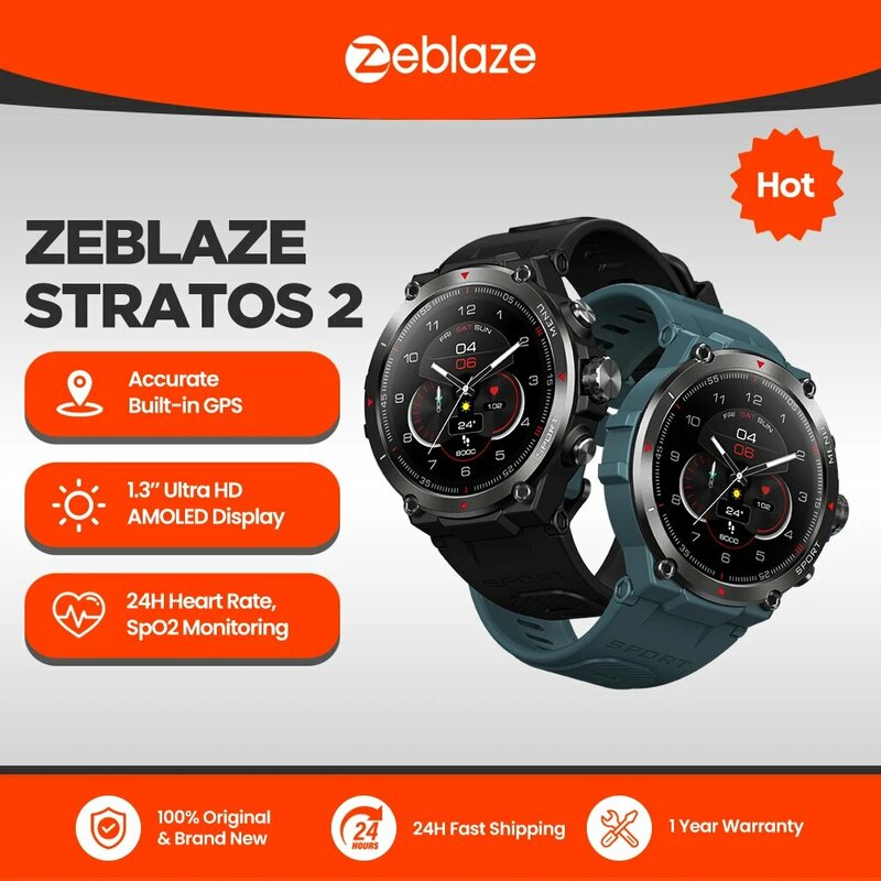 Zeblaze-Smartwatch Stratos 2 para homens, GPS, monitor AMOLED, monitor de saúde 24h, 5 ATM, bateria de longa duração