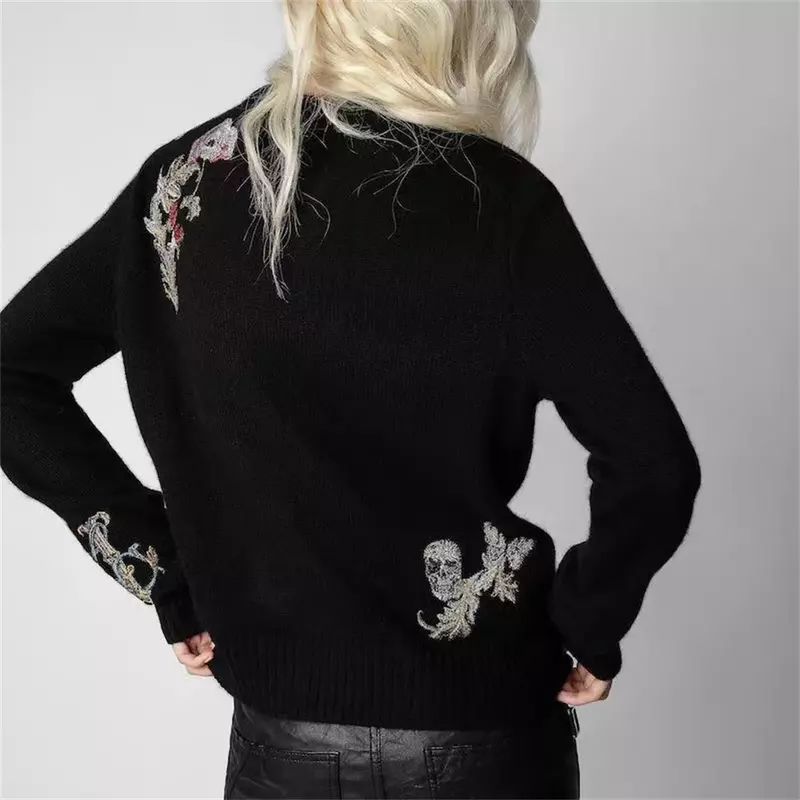 2024 New Women Cashmere Sweater Letters Floral Embroidery O-Neck Long Sleeve Retro Pullover