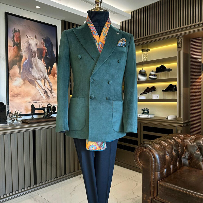 Мужской бархатный костюм, комплект из 2 предметов, блейзер и хлопковые брюки, жакет на заказ, Официальный деловой смокинг для жениха, двубортный пиджак