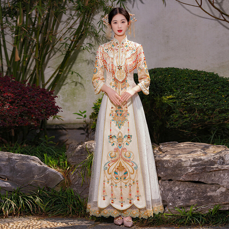 Elegant Xiuhe Bride's New Chinese Wedding Dress Dragon and Phoenix Gown Female Wedding Dress Summer Slim Toast Wedding Dress