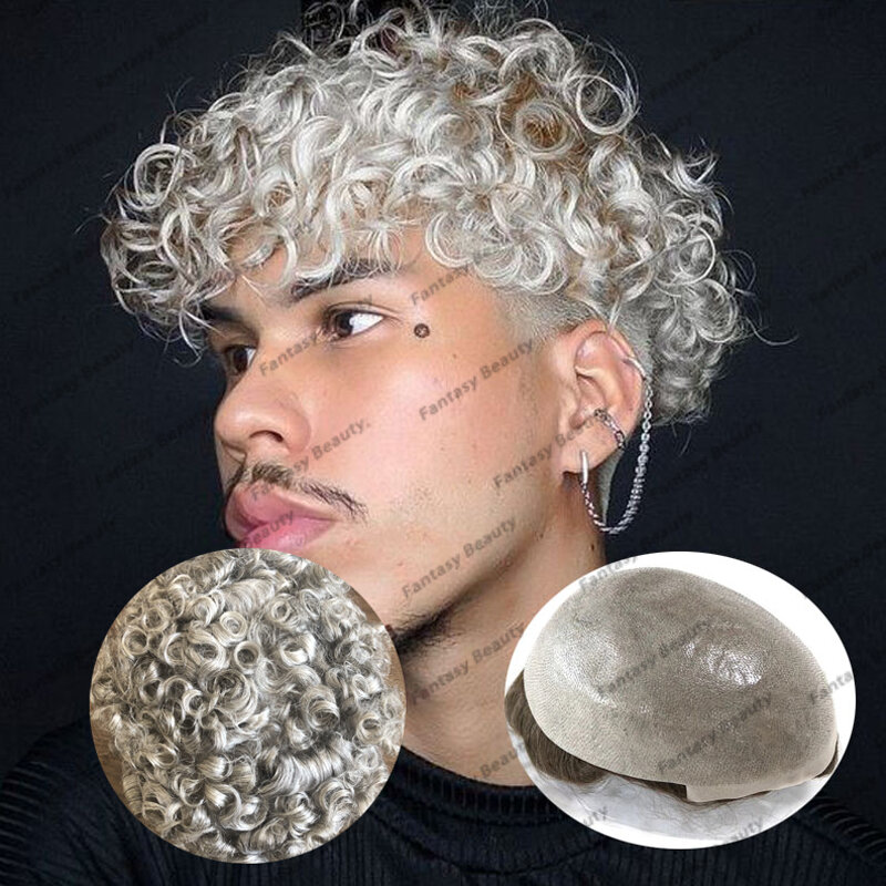 Ash Blonde Full Skin Vlooped 0.06mm PU Base Men Toupee Natural Hairline 100% Human Hair Male Wigs System Capillary Prosthesis