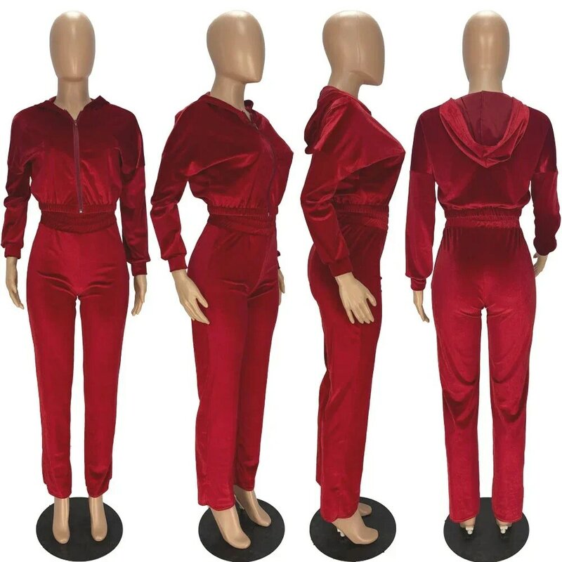 2023 Women's Spring/Fall Tracksuit Velour Suit Hoodies Velvet Zipper Sweatshirt And Pants Set Sportswear Crop Top Matching Suits