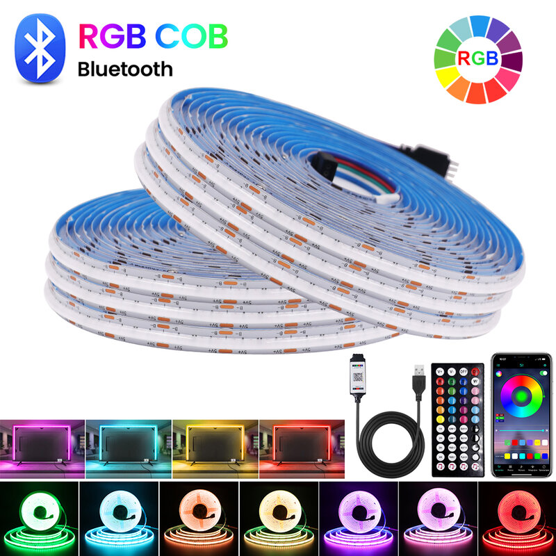 USB RGB LED 스트립 블루투스 COB LED 스트립 조명, 고유연성 LED 테이프, 고밀도 선형 조명, TV 백라이트 룸, 576LEDs/m, 5V