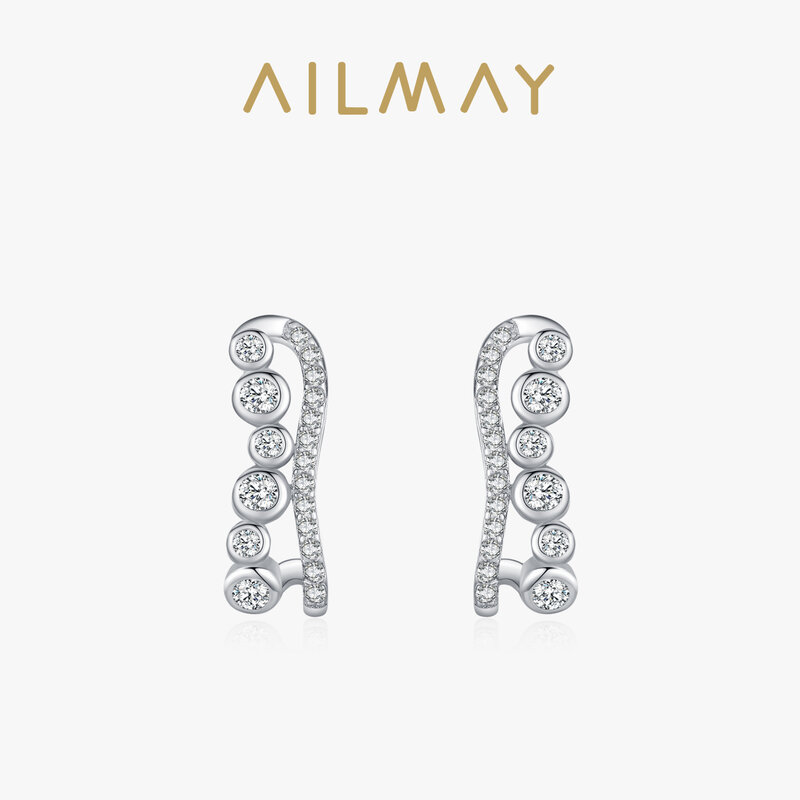 Ailmay High Quality 925 Sterling Silver Luxury Geometric Design Shiny CZ Stud Earrings For Women Wedding Engagement Fine Jewelry