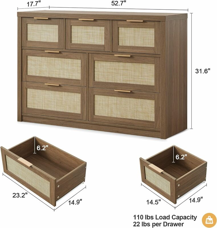 7 Drawer Dresser for Bedroom-Rattan Dresser for Bedroom with Metallic Handles and Ample Storage Space, Suitable for Living Rooms