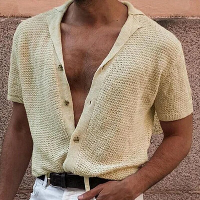 Camisas masculinas de botão respirável, tops de tricô bonito, camiseta de praia, blusa de manga curta, camisas de botão, verão