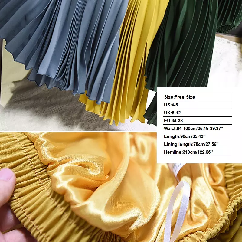 Long Pleated Skirts for Women Solid Color Spring Fall Chic Elastic Band High Waist A Line Skirt Elegant Office Ladies Midi Dress