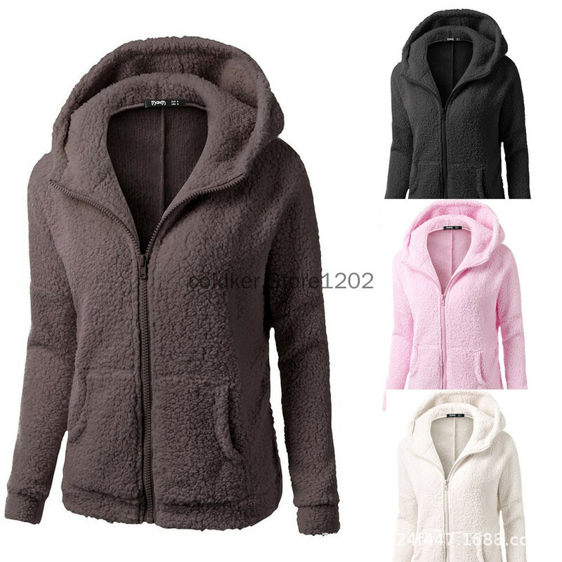 Chaquetas de Invierno para mujer, chaqueta de manga larga con cremallera, bolsillo informal, felpa cálida con capucha, suelta, Color sólido