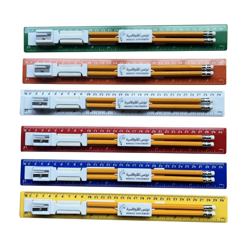 Set Penggaris 30cm Warna-warni dengan Rautan Pensil, Pensil, dan Penghapus Cocok untuk Sekolah dan Kantor