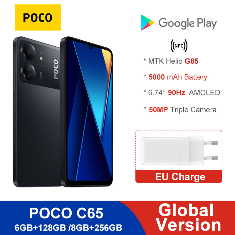 POCO C65 Versão Global MediaTek Helio G85 Octa Core NFC, 5000mAh, 6,74 ", Tela HD + 90Hz, Câmera 50MP, 128GB, 256GB