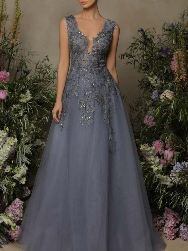 Gaun malam kerah v seksi 2024 gaun pengantin renda klasik elegan tanpa lengan sepanjang lantai gaun Prom Vestidos De Novia