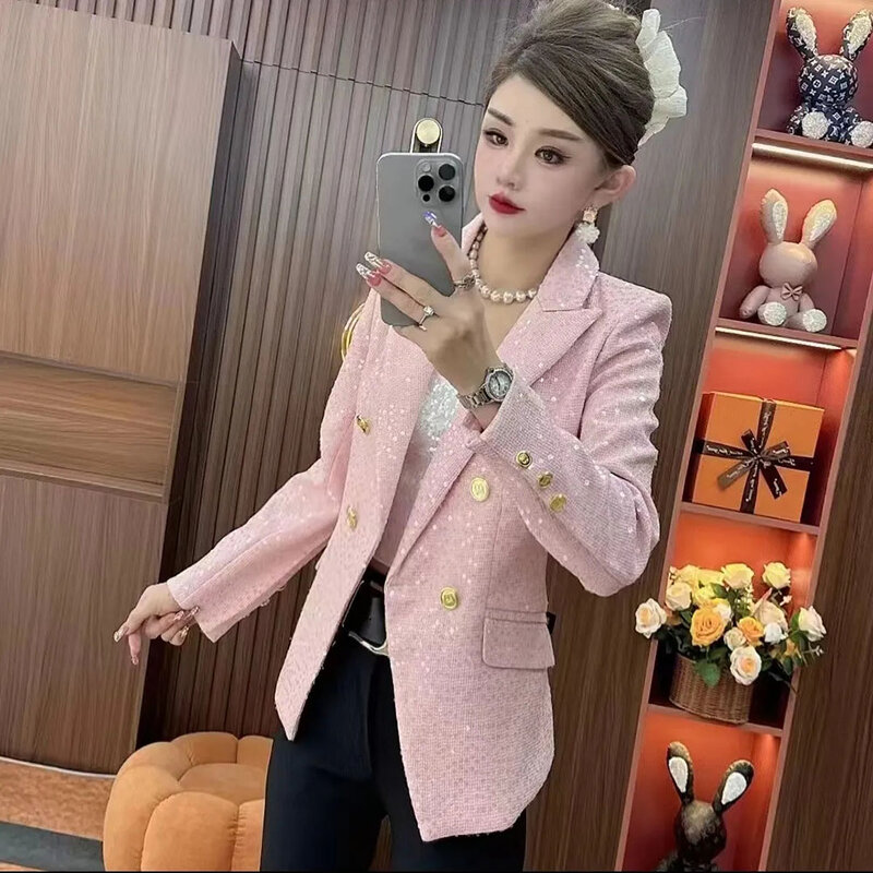 Fashion Women's Suit Jacket 2024 Spring Autumn Small Fragrant Wind Sequin Light Luxury Coat Female Long Sleeve Casual Slim Tops