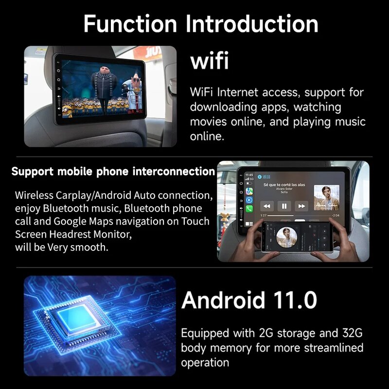 JIUYIN автомобильный монитор для подголовника, планшет с беспроводными экранами CarPlay, Android, автомобильный видеоплеер для заднего сиденья, FM, Bluetooth, HD, сенсорный, 4G, Wi-Fi