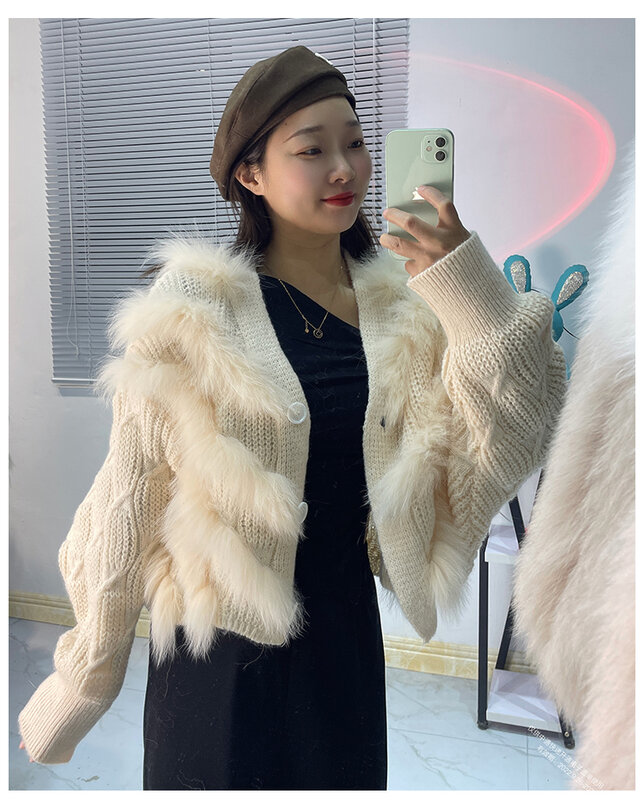 2023 New Women Spring Purple Sweater Thin Real Fox Fur Outside Decoration Oversize Loose Lady's Fashion Thin Sweater Coat