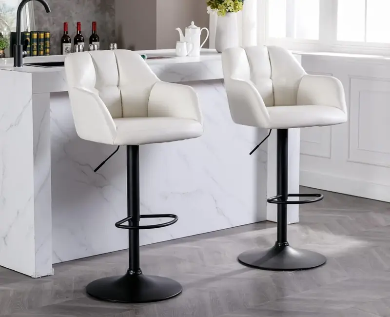 Nowoczesne obrotowe stołki barowe Zestaw 2-skórzanych stołków barowych z oparciem i podłokietnikami Regulowane krzesła barowe z metalową podstawą