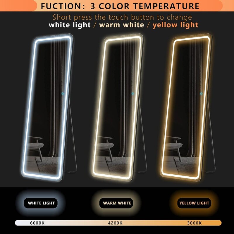 Full body mirror, independent floor standing mirror, with 3-color LED lights, bedroom and living room (63 "x20") lighting mirror