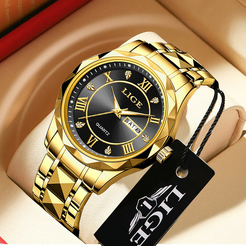 Lige-腕時計,クォーツ時計,発光,防水,ステンレス鋼,金色,ドレス