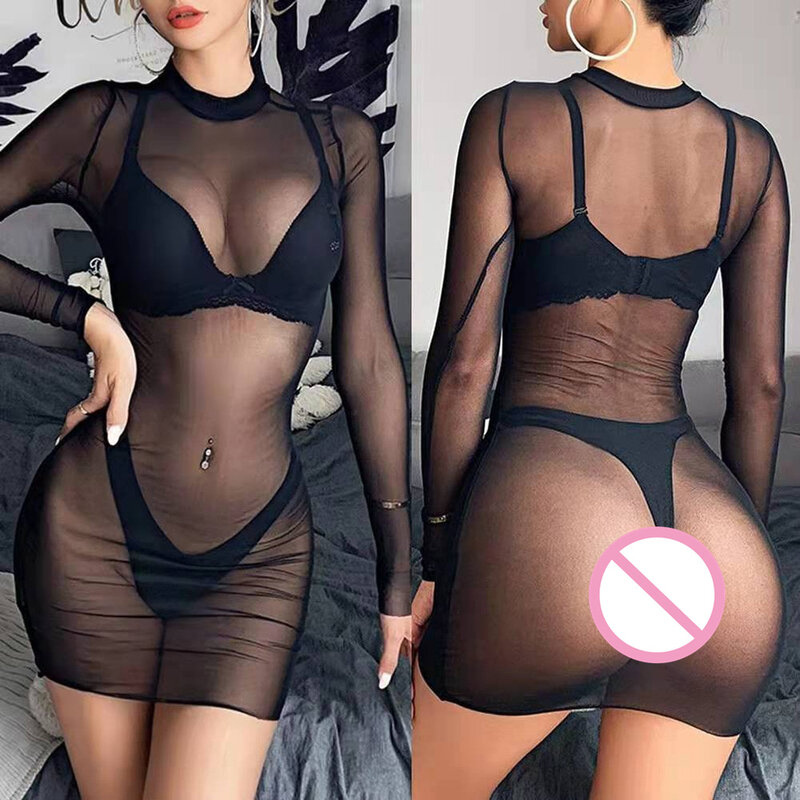 Sexy Women's Sheer Mesh See Through Long Sleeve Tops Clubwear Dress Ultra-Thin Tight Fitting Transparent Party Sensual Nightwear
