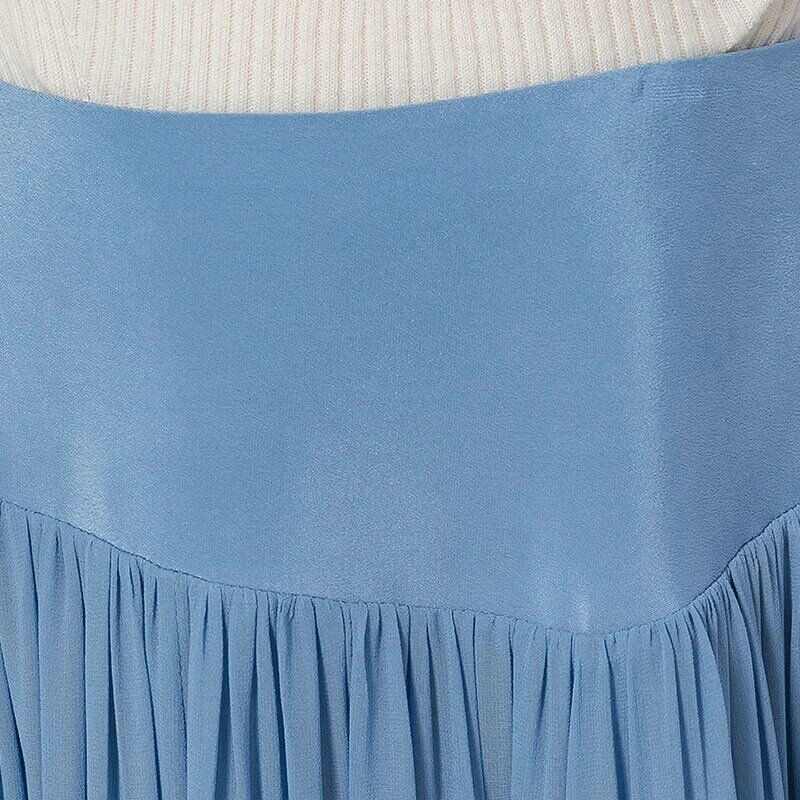 12 m/m De Seda Georgette Azul Elegante Saia Plissada Invisible Side Pull Simples Verão Escritório Senhora Moda Saias Das Mulheres CE119