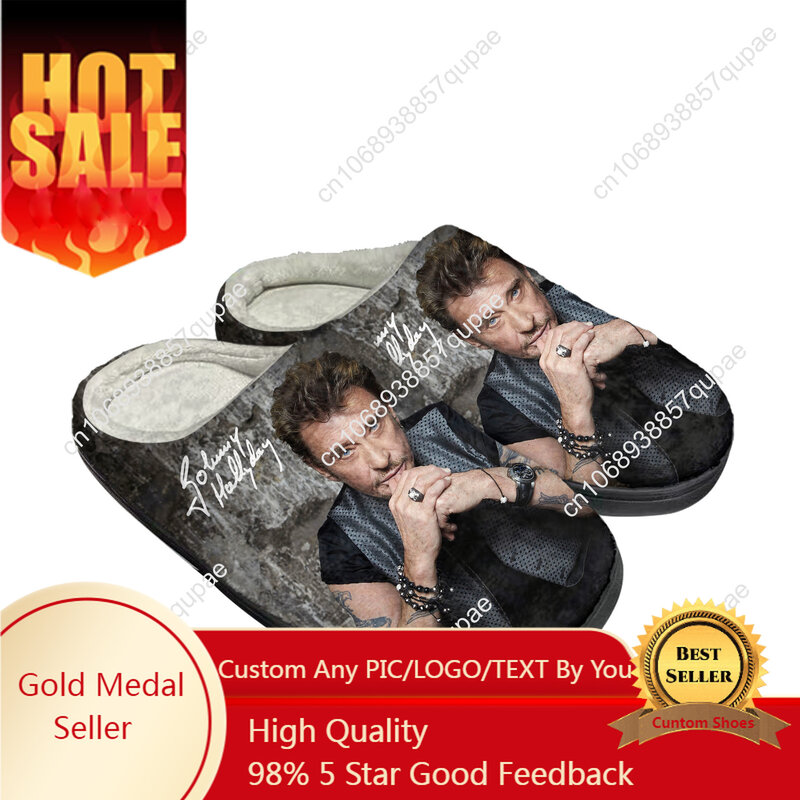 Johnny Hallyday Rock Singer Home ผ้าฝ้ายรองเท้าแตะบุรุษรองเท้าแตะ3D พิมพ์สบายรองเท้าอุ่นๆถุงเท้าอุ่น