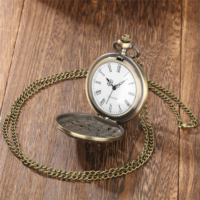 Steampunk Hollow Dragon Cover Roman Number Bronze Quartz Pocket Watch for Men Women Necklace Pendant Chain Gift Reloj