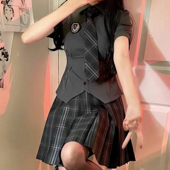 Uniforme Escolar de manga corta para mujer, Blusa plisada, Falda corta, conjunto de dos piezas, estilo universitario Jk, Corea, Japón