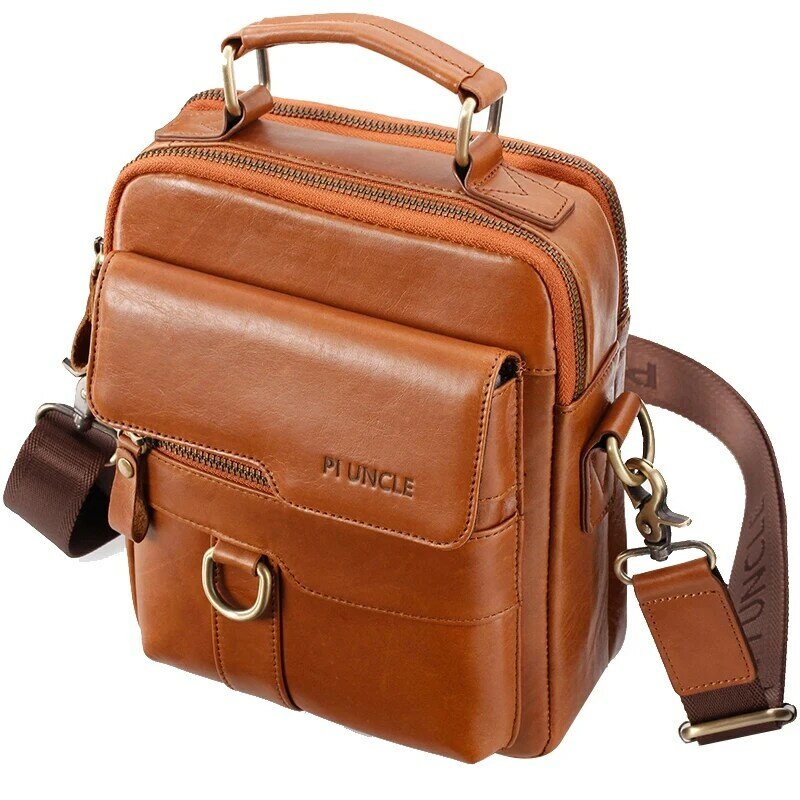 PI UNCLE Men's Small Shoulder Bag Messenger Bag Casual Retro Multi Functional Leather Handbag
