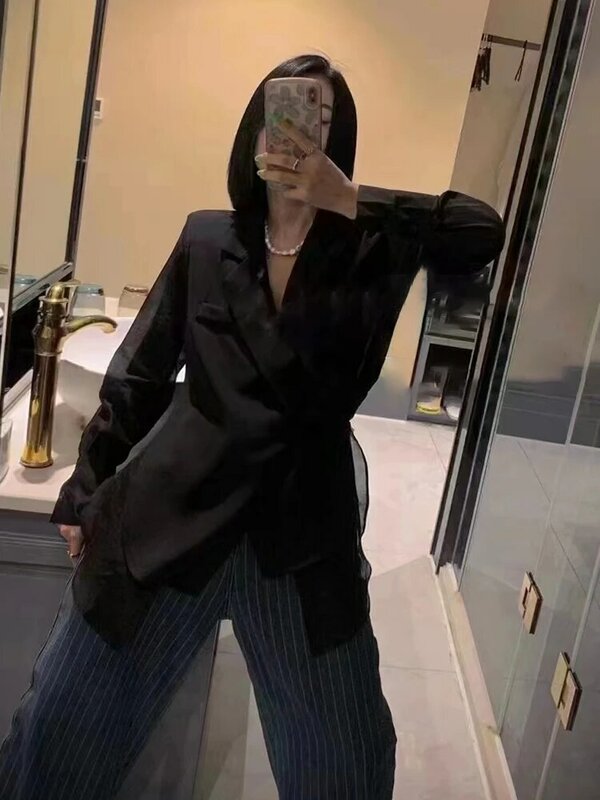 TWOTWINSTYLE-Blazer liso para mujer, chaqueta holgada de manga larga con cuello con muescas y cordones, estilo de ropa, primavera, 2022