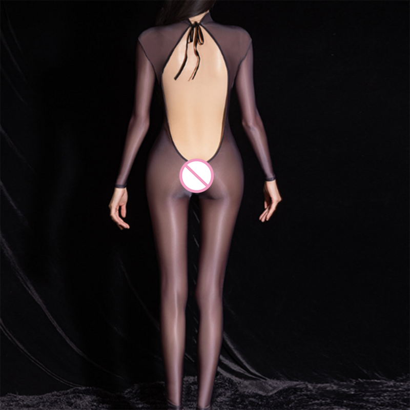 Женское прозрачное масляное глянцевое боди, прозрачный комбинезон с открытой спиной, высокоэластичные облегающие ультратонкие чулки, соблазнительное нижнее белье