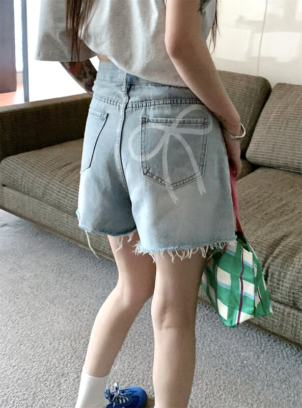 Slergiri-pantalones cortos vaqueros para mujer, Shorts de cintura alta con dobladillo crudo, estilo coreano, informales, holgados, 2024