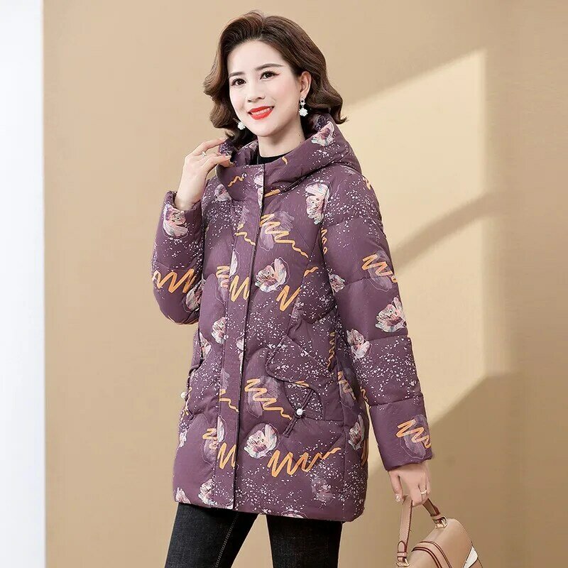 Winter Women's Down Jackets Printed Warm Casual Coat Female Puffer Jacket middle-aged mother Hooded Parka Overcoat