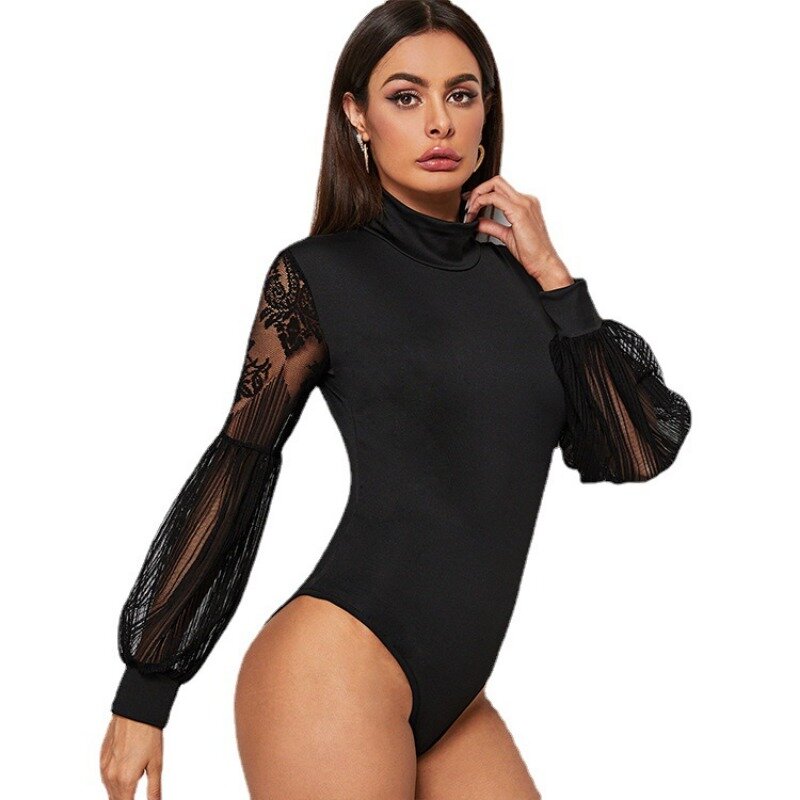 Spring Summer New Bodysuits Women's Sexy Lace Mesh See-through Lantern Sleeve Bodysuits Women Fashion Solid Color Slim Bodysuits
