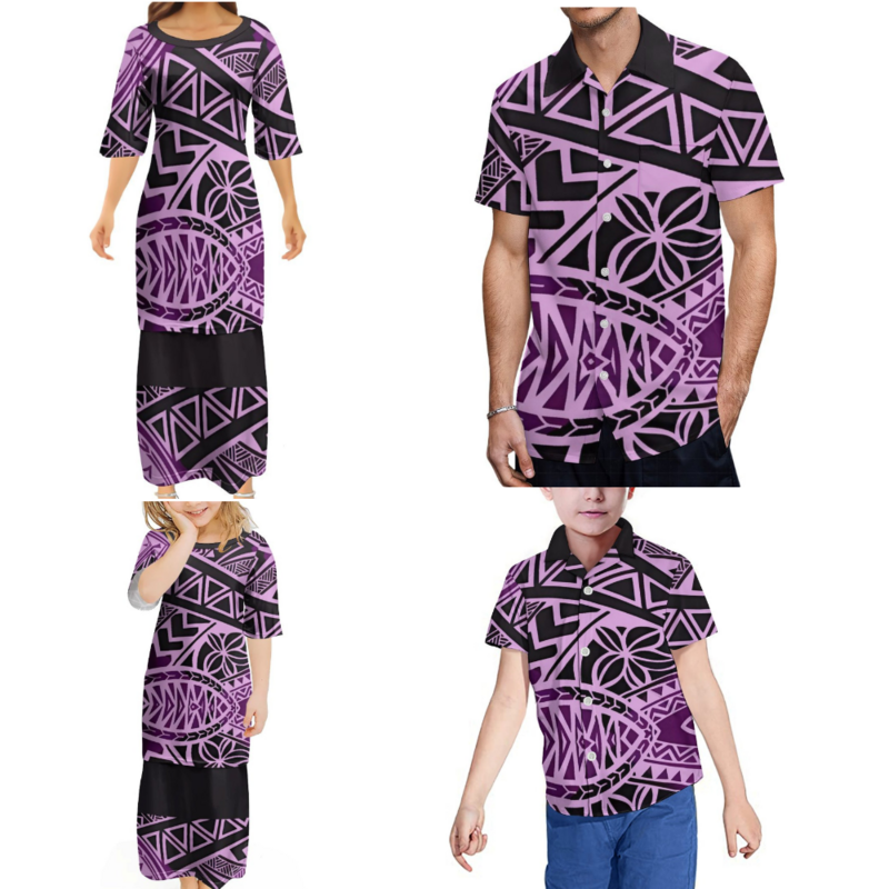 Zestaw rodzinny późny obraz plemienny projekt wysokiej jakości drukowana dziecięca koszula Puletasi z nadrukami na wyspie Pacyfiku