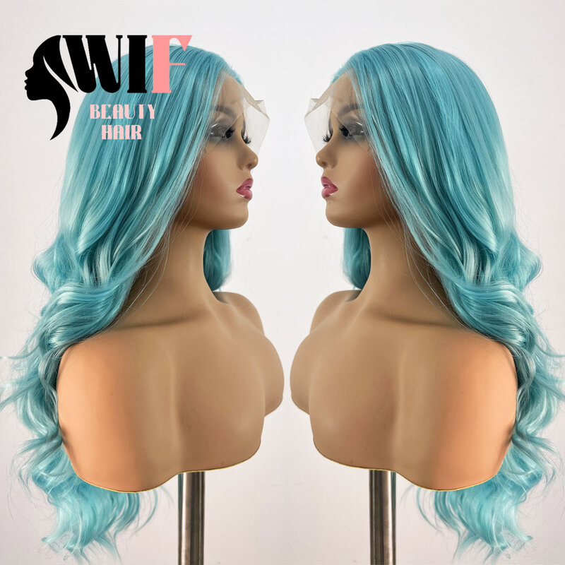Wif blaue Farbe gewellte Spitze Perücke Körper gewellte Frauen verwenden Cosplay blaues Haar natürlichen Haaransatz Wärme faser synthetische Perücken Party Cosplay verwenden