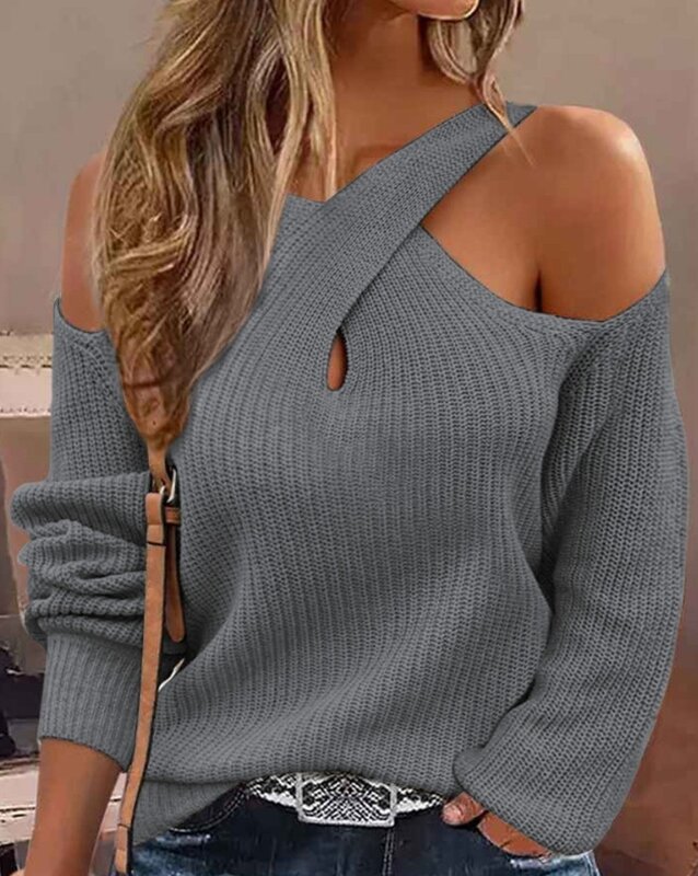 2023 sweter Solid bahu terbuka seksi wanita dengan desain hangat dan kasual sweter rajut bahu dingin menyilang