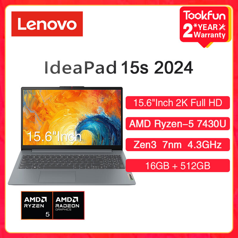 Lenovo-Laptop 15s Ultrabook IdeaPad, AMD, Ryzen R5, 7430U, 4.3GHz RAM, SSD de 16GB, 512GB, 15.6 ", FHD, 2K, Computador PC, PC, novo, 2024
