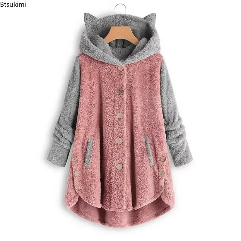 Женское теплое пальто с кошачьими ушками, повседневное однобортное пальто с длинным рукавом и карманами, Осень-зима 2024