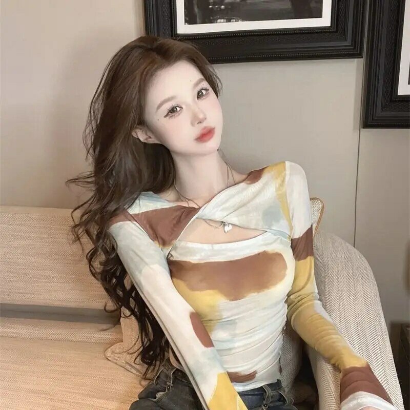 Kaus jala silang pewarna dasi Korea baju wanita t-shirt tipis tembus pandang pakaian jalanan musim panas modis Korea Y2k Chic