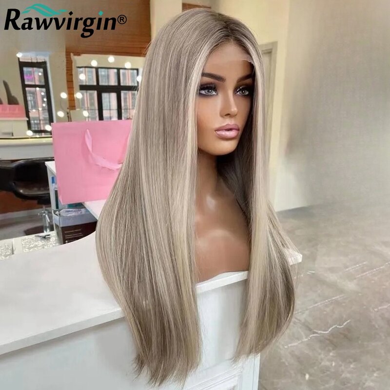 13x4 Ash Grey Blonde Lace Front Wig Straight Highlight Colored Brazilian Virgin Human Hair Wigs HD Transparent Lace Frontal Wig