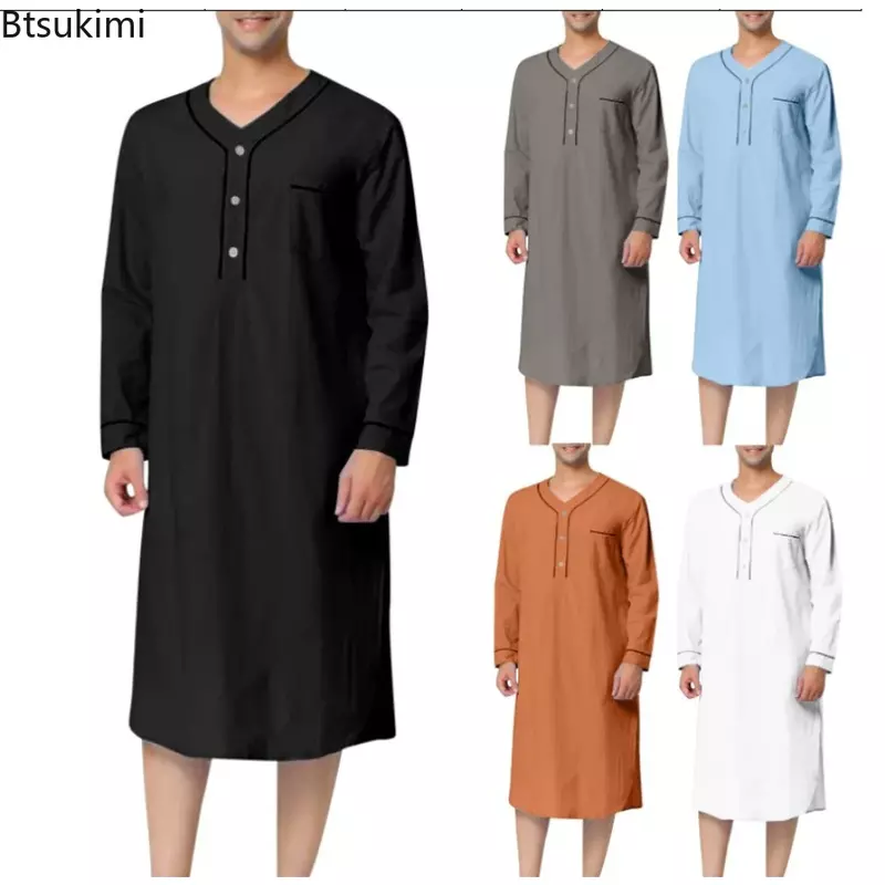 Jubba Thobe ชุดนอนแฟชั่นสีทึบเสื้อคลุมมุสลิมชุดนอนผ้าไหมแขนสั้นยาว, ใหม่2024ชุดคลุมคลุมมุสลิม