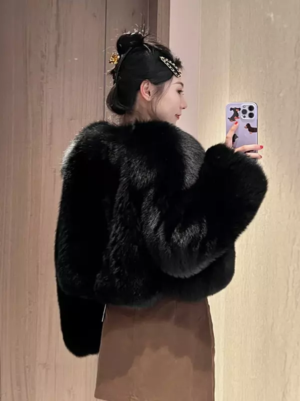 Abrigo de piel sintética para mujer, abrigo corto y peludo de manga larga con cuello redondo, ajustado, combina con todo, estilo de viaje a la moda, Otoño e Invierno