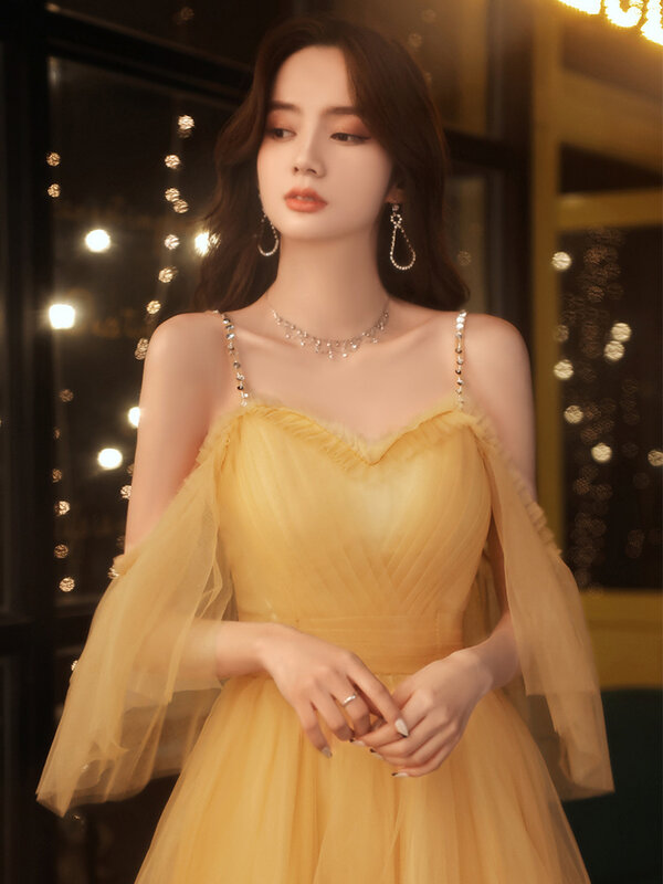 Vestido de fiesta de noche para mujer, falda larga de línea a de encaje con hombros descubiertos, amarillo Vintage, vestido elegante para banquete y graduación