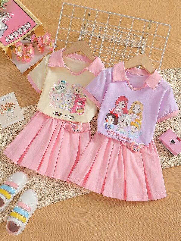 2024 New Disney Summer Girls Clothes Set Dress Kids Cartoon t-shirt a maniche corte + gonna a pieghe 2 pezzi Costume da principessa per bambini