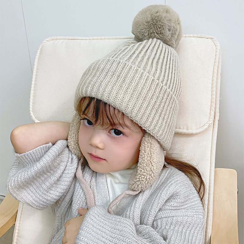 Winter Baby Knitted Hat With Earflaps Solid Color Pompon Beanie Cap Kids Boy Girl Thick Warm Plush Ear Protection Caps Bonnet