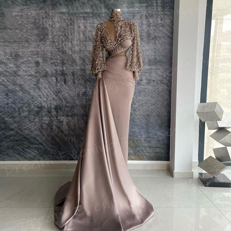 Classic Graceful Women's Mermaid Modern Evening Dresses Modest High Neck Sequined Prom Gowns Long Sleeve Pleated فساتين سهرات