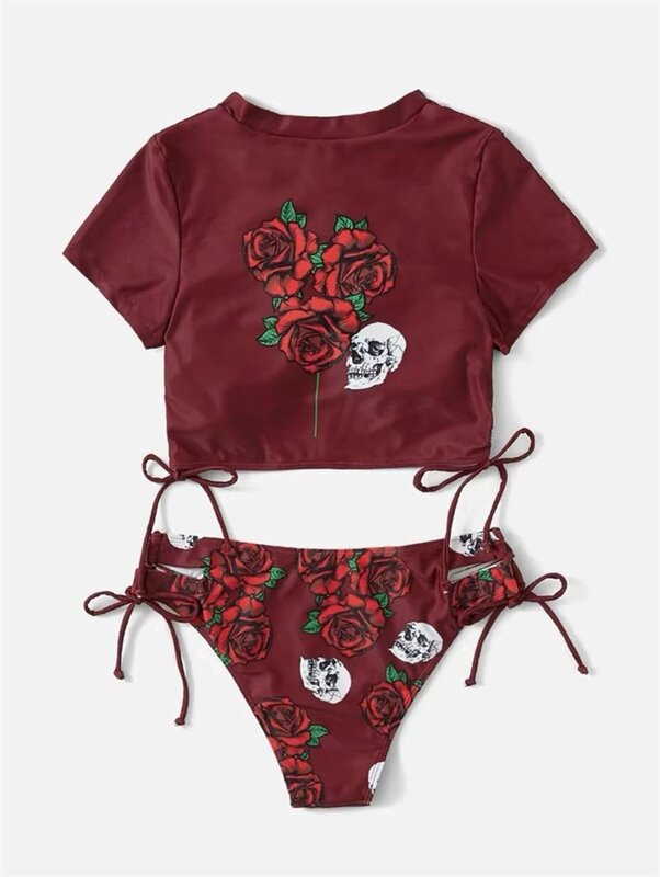 Женский купальник из 2 предметов, нижнее белье + футболка, пикантная Повседневная Уличная одежда с черепом, цветком розы, для пляжа и отдыха