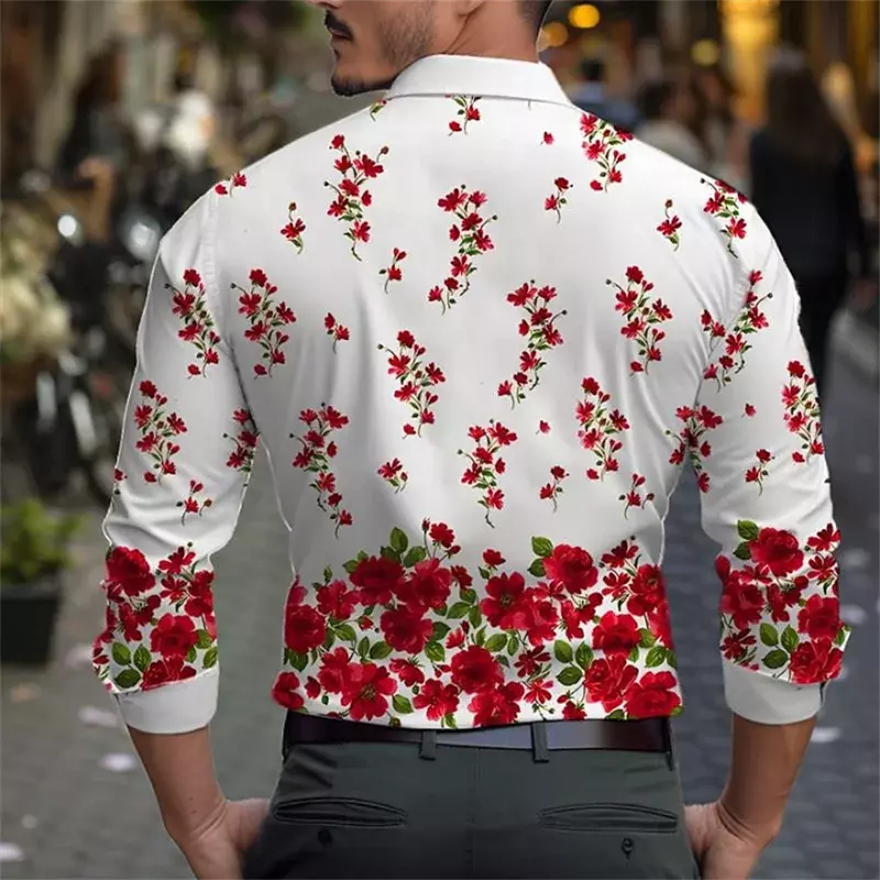 เสื้อเชิ้ตผู้ชายสูทกระดุมลำลองลายดอกไม้ HD วัสดุนุ่มและสบายถนน2024กลางแจ้งเสื้อผู้ชายใหม่พลัสไซส์