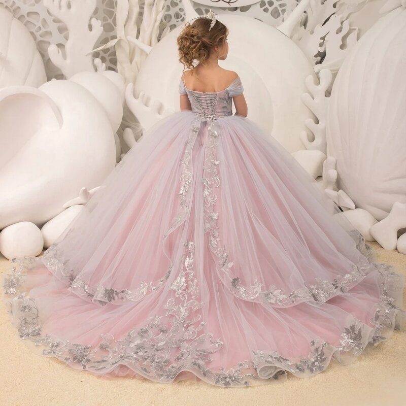 Платья для девочек с цветочным рисунком, искусственное фиолетовое тюлевое пышное платье с открытыми плечами и узором для свадьбы, дня рождения, банкета, платья принцессы